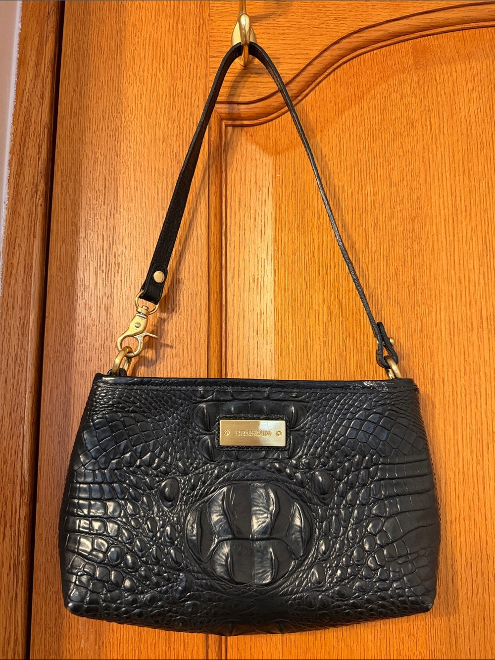 Brahmin Black Faux-Croc Shoulder Bag with Gold Hardware